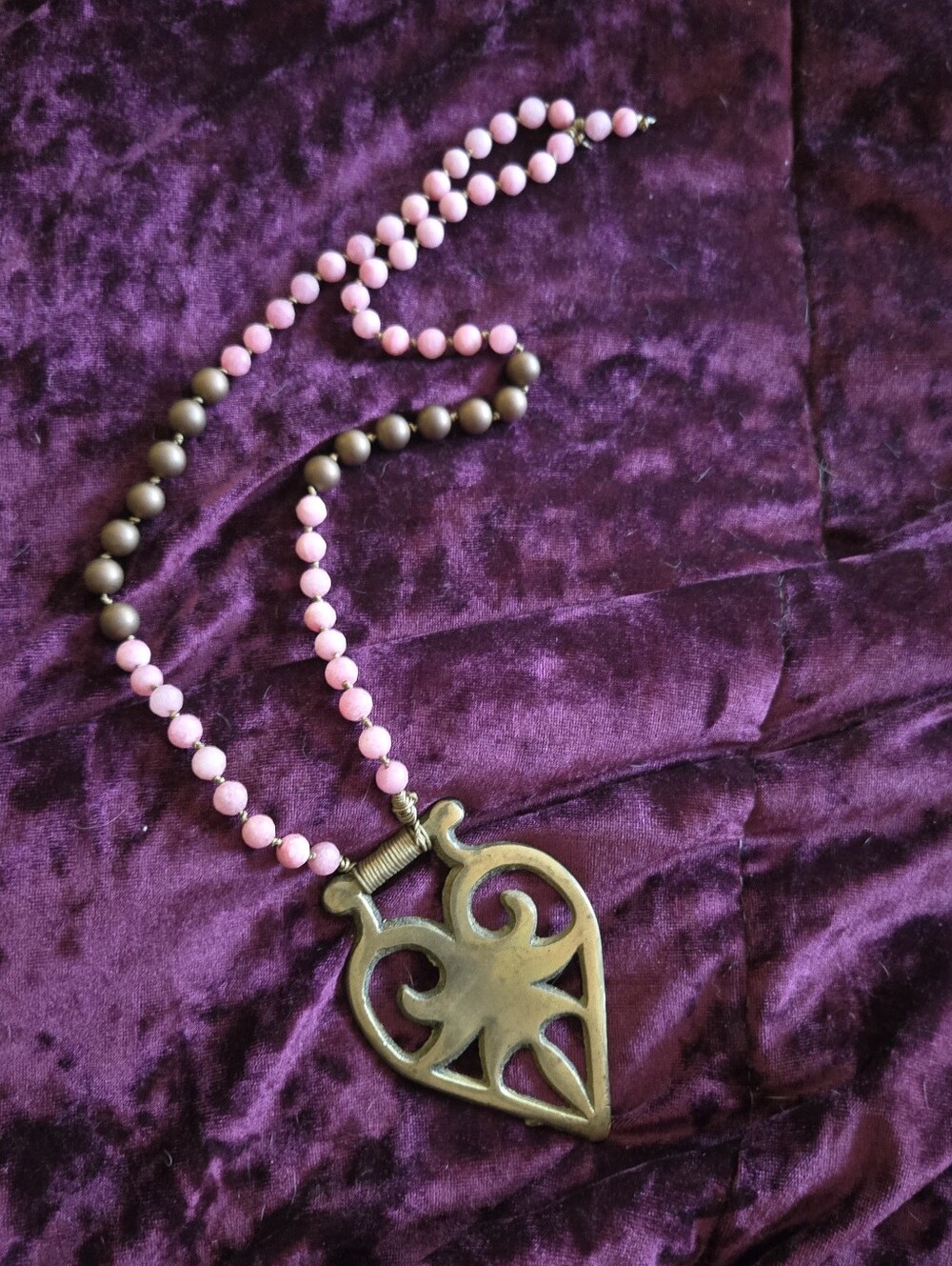 Eclectic Artisinal Brass Folk Art Heart Pendant Beaded Statement Necklace